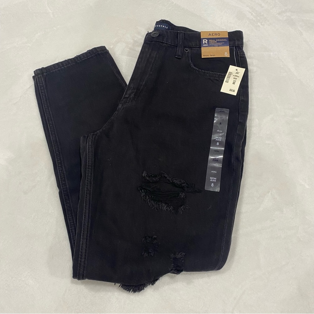 AERO NWT Women’s High-Rise Distressed Mom Jeans - black, size 8 - Picture 7 of 13